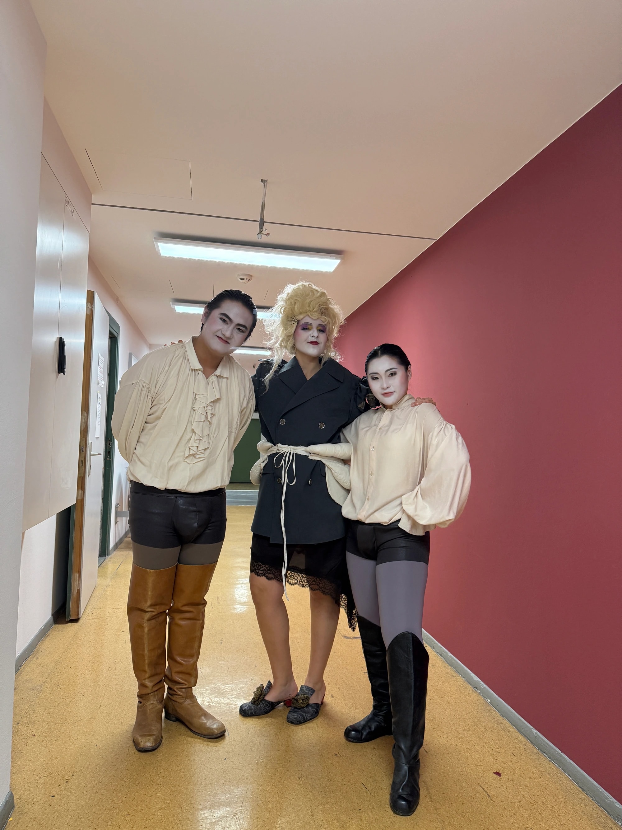 Daoun Jung backstage in costume and stage make-up with two fellow singers